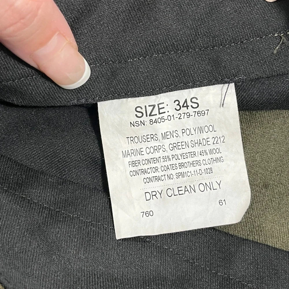 US Marine Corps Coates Brothers Trousers Men 34S Green Poly Wool Dress Uniform